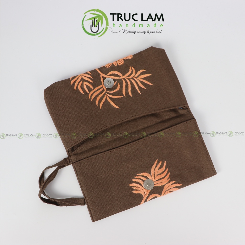 Ví Dài Cầm Tay Nữ Vải Linen Thêu Tay Họa Tiết Lá Liễu Hoa Cúc - Trúc Lâm Handmade