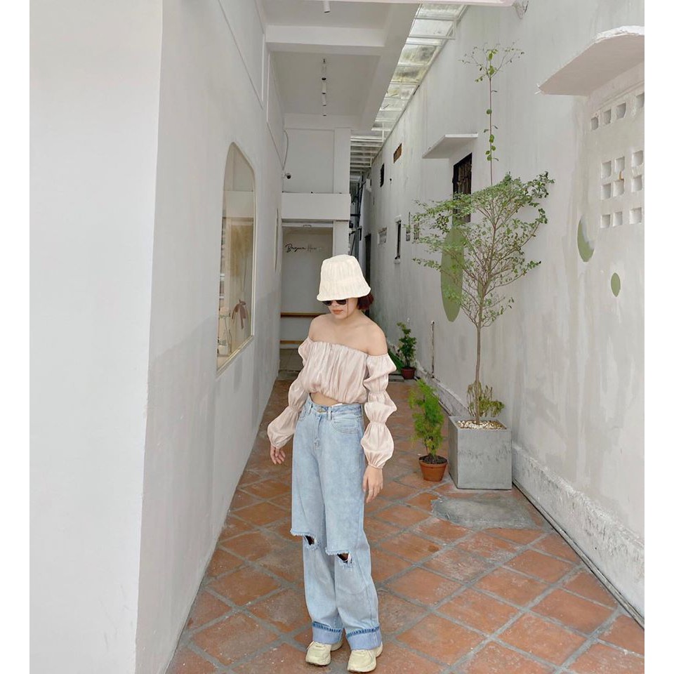 Quần jeans ống rộng rách gối Dora jeans