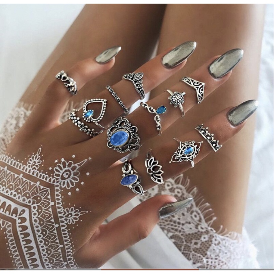 Nhẫn hợp kim set 13 chiếc đính đá vitage - set midi rings bohomian độc đáo phụ kiện - Lolotica