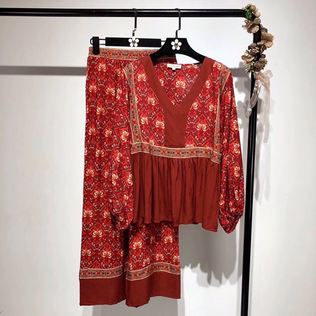 ORDER | Boho Style | Set Áo peplum & Quần boho thổ cẩm đỏ