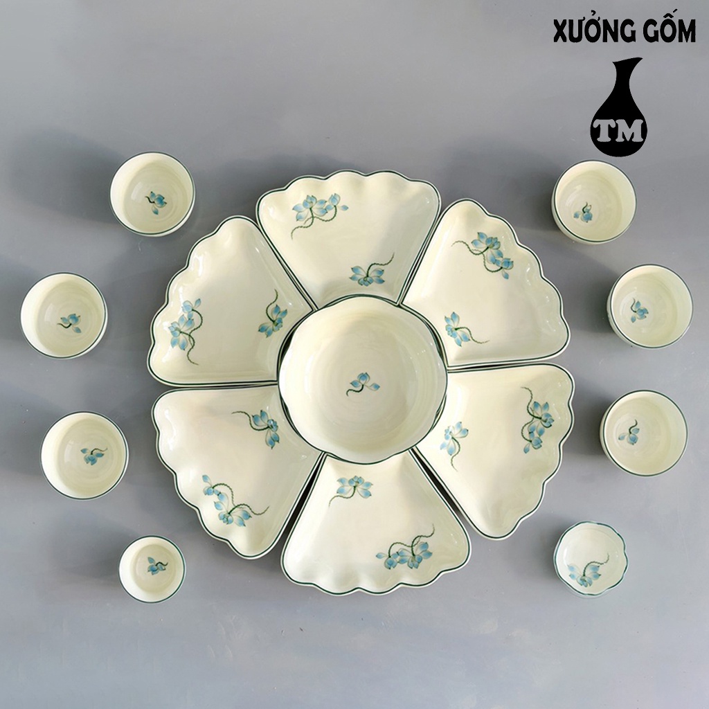 Bộ đồ ăn hoa mặt trời men kem hoa sen xanh Xưởng Gốm TM Bát Tràng -Cúng rằm/lễ/tết/chay/mặn/bày cỗ/tiếp khách