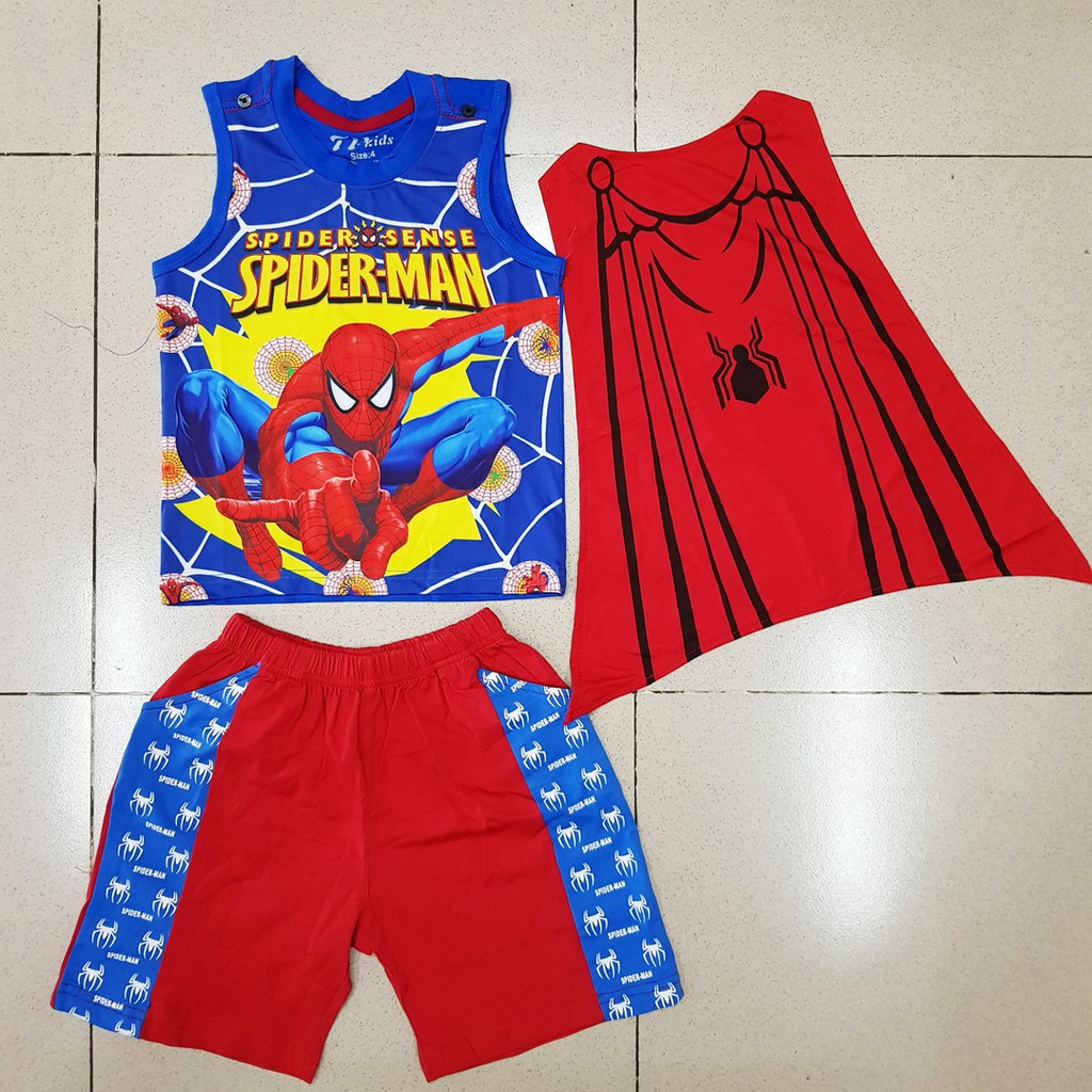 Bộ thun cotton lạnh kèm áo choàng spiderman bé trai