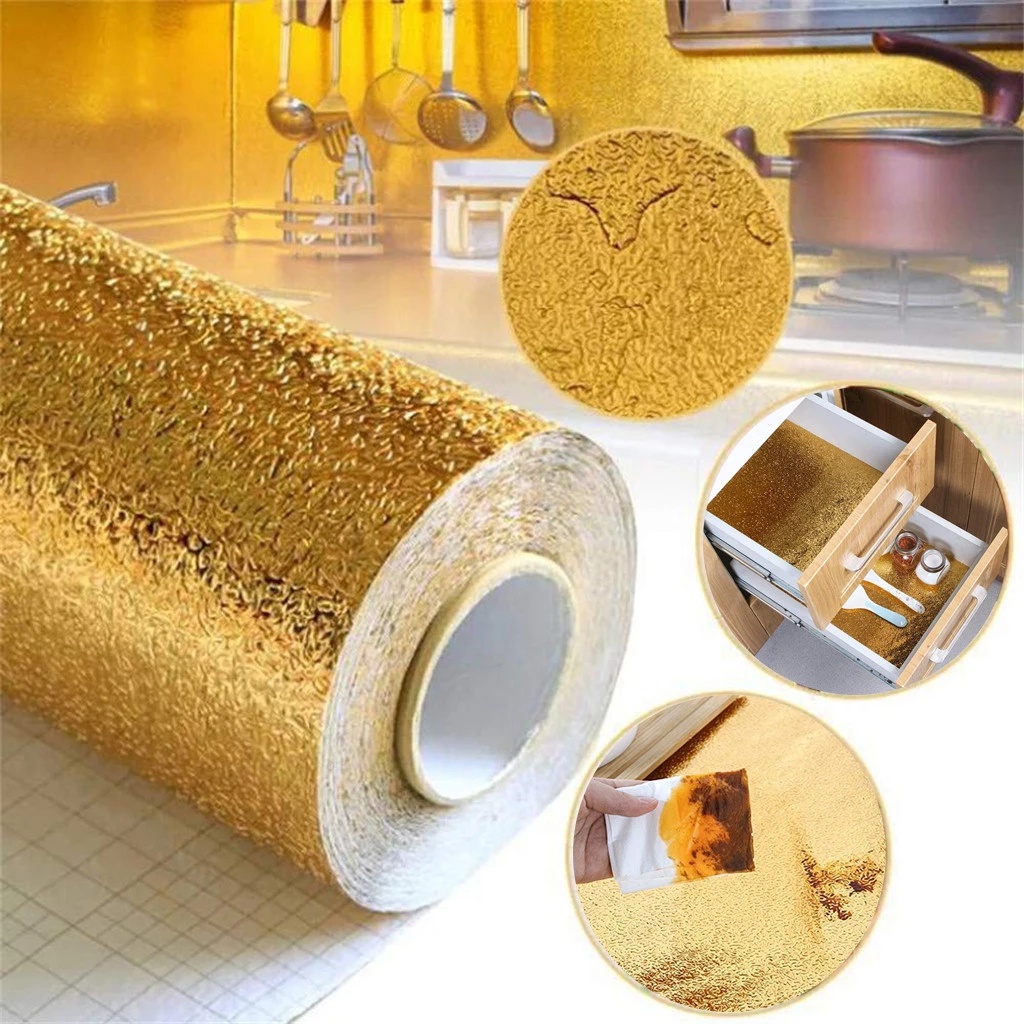 Cuộn Giấy Dán Tường Lá Nhôm Vàng / Bạc 40x100cm Chống Thấm Nước / Dầu Cho Nhà Bếp