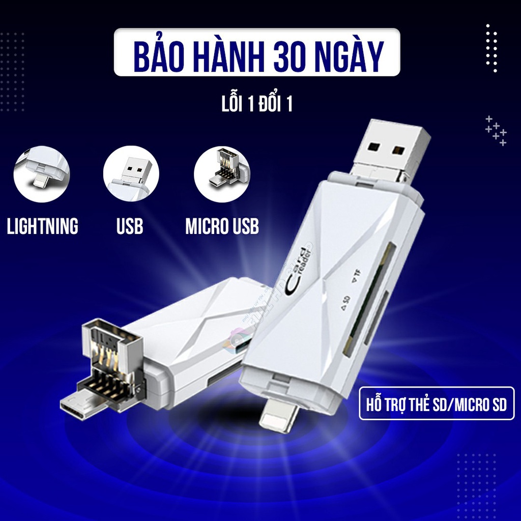 Đầu Đọc Thẻ Nhớ iPhone, Android, Máy tính - Hỗ trợ thẻ SD/Micro SD - Cổng USB/Lightning/Micro USB - Full HD Shop Mã HD12