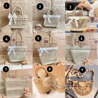 Túi cói thắt nơ Vintage, túi Cói 1988Home đi biển, du lịch, đựng đồ kiểu đan mây kèm Nơ Ren xinh xắn chụp hình