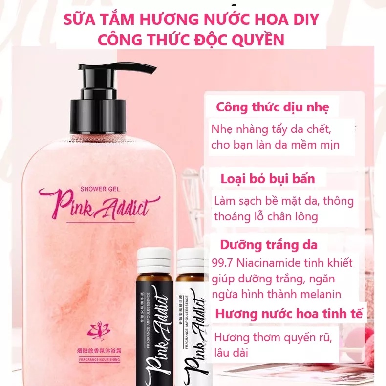 Sữa tắm nước hoa Pink Addict 420ml Sáng Da, Dưỡng Ẩm, Mờ Thâm mụn sữa tắm tự pha Perfume Shower Gel