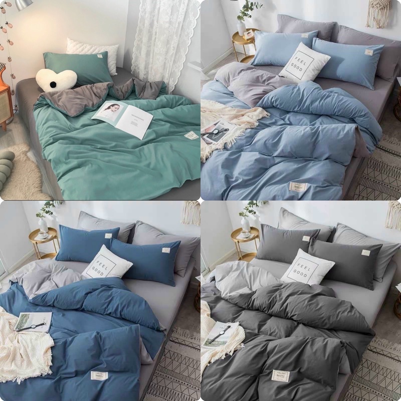 Bộ chăn phao trần bông và ga gối cotton tici phối màu trơn cao cấp