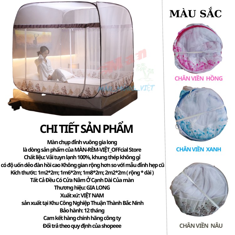 Màn chụp tự bung  đỉnh vuông Gia Long chân viền vải cao cấp bảo hành chính hãng mùng chụp đỉnh vuông cao cấp