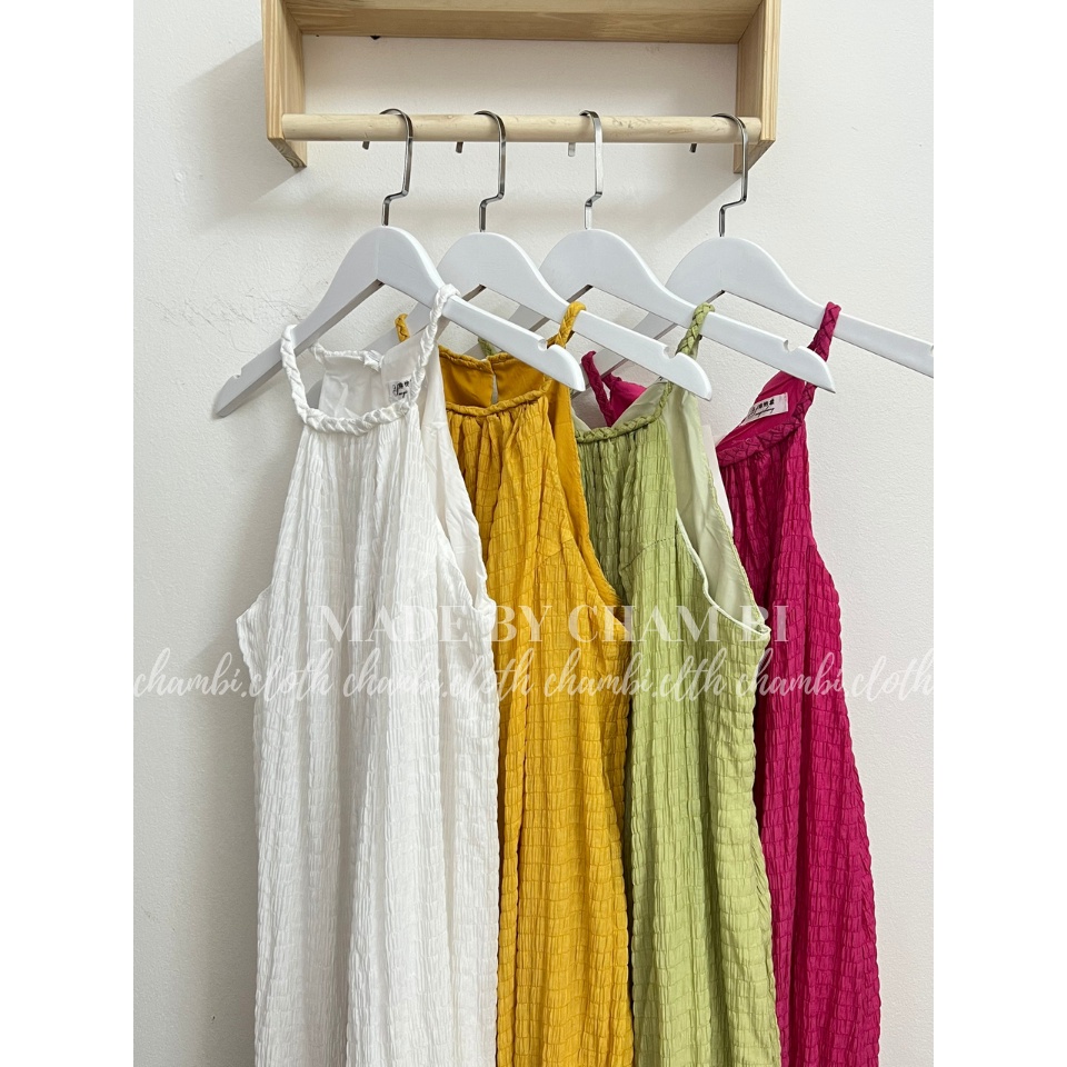 Váy kiểu nữ đi biển V.115, Váy maxi xốp cổ yếm vặn thừng dáng xuông 4 màu ngọt ngào - Thời trang nữ Chấm Bi | BigBuy360 - bigbuy360.vn