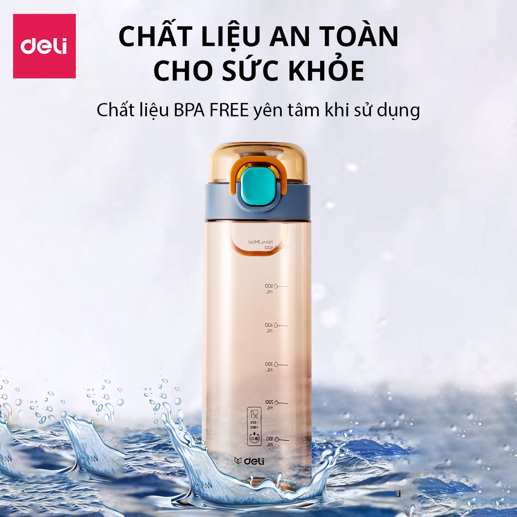 Bình nước thể thao nhựa tritan BPA free an toàn Deli 600ml dung tích khóa chốt chống rò rỉ nước, bình nước trẻ em