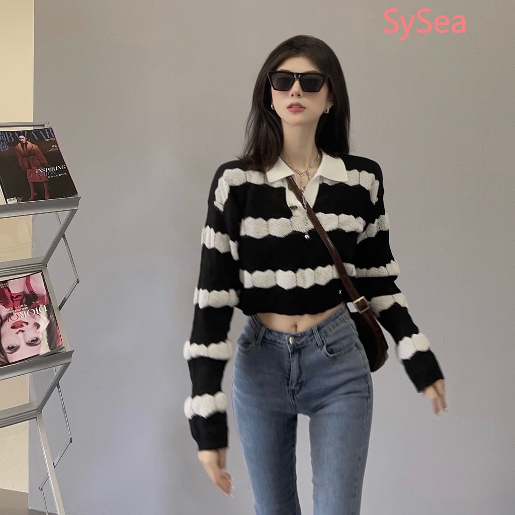 Áo Croptop Dệt Kim Cổ Polo Họa Tiết Kẻ Sọc Thời Trang Mùa Thu Quyến Rũ Cho Nữ