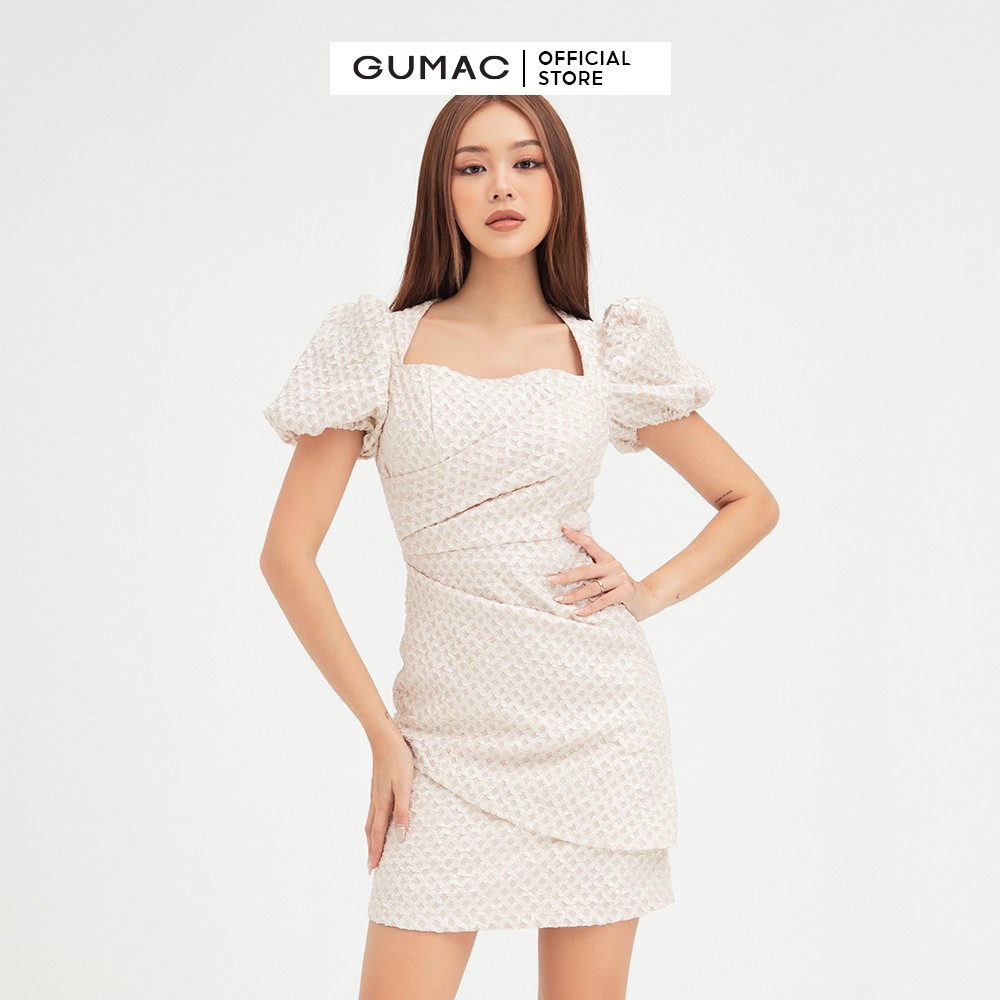 Đầm ôm nữ tay phồng ly sườn GUMAC màu kem trơn, ôm body sexy DB444 | BigBuy360 - bigbuy360.vn