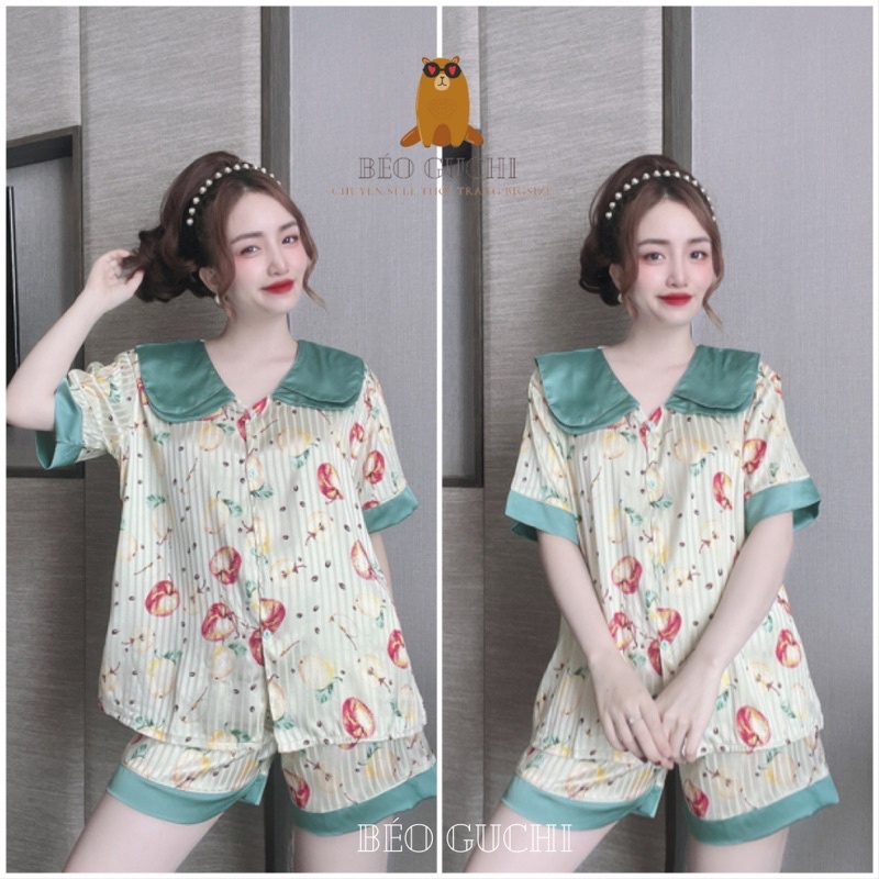 Đùi tiểu thư 50-110kg K12L Béo Guchi Bigisze Pijama lụa MANGO &amp; Satin-Đồ bộ nữ mặc nhà