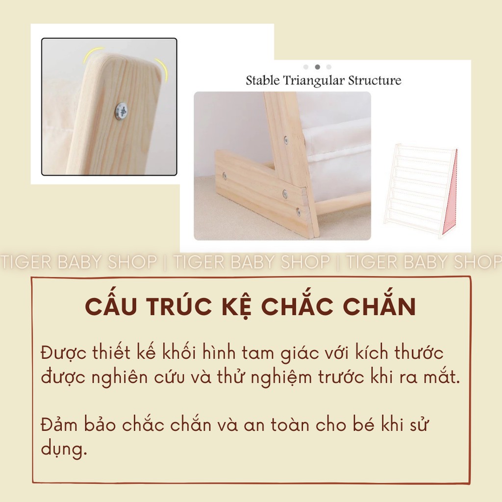 Kệ sách Montesssori làm từ gỗ thông tự nhiên 100% và vải canvas cho bé thêm yêu đọc sách