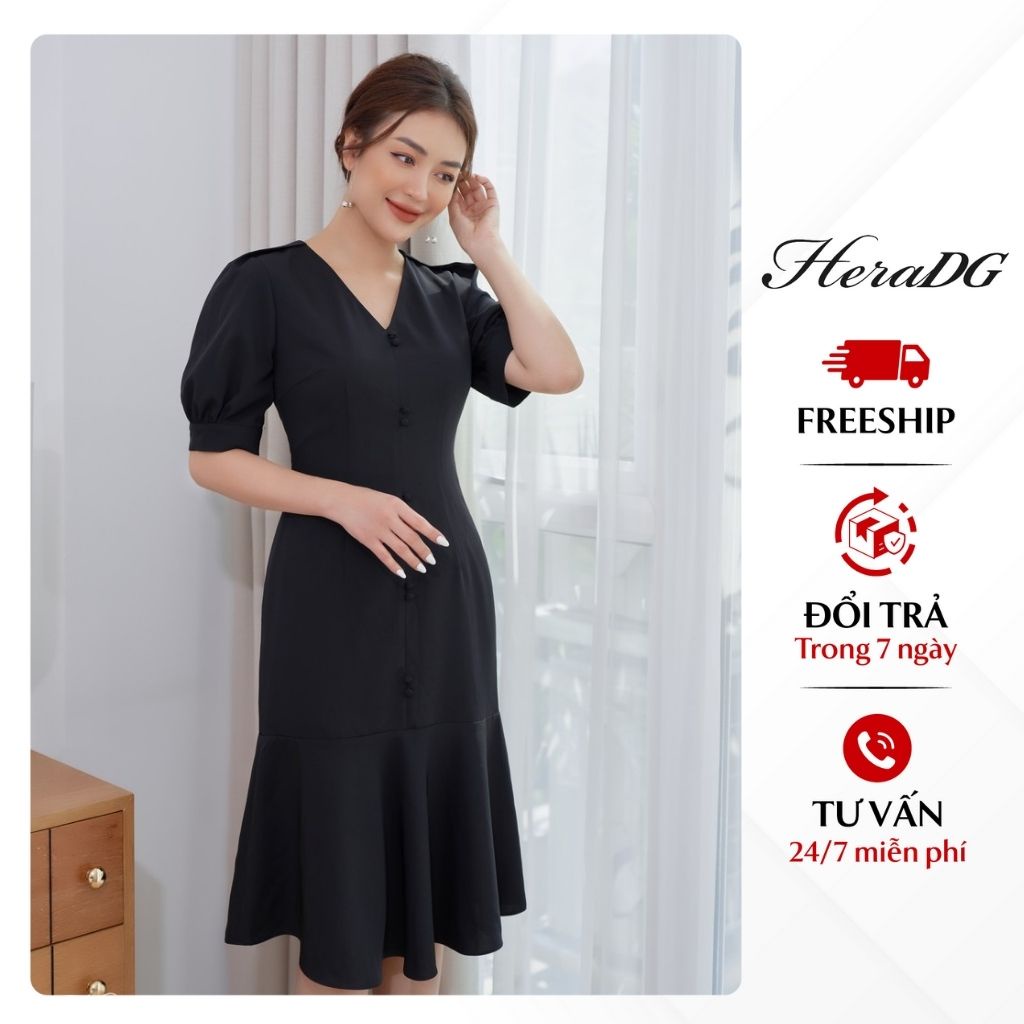 Đầm Công Sở Dáng Ôm Nữ HeraDG Thiết Kế Cổ Tim Đuôi Cá Tôn Dáng, Chất Vải Tuýt Si Chống Nhăn Xù SDCBA016