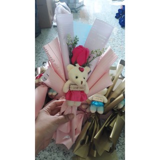 Hoa hồng sáp 1 bông kèm gấu