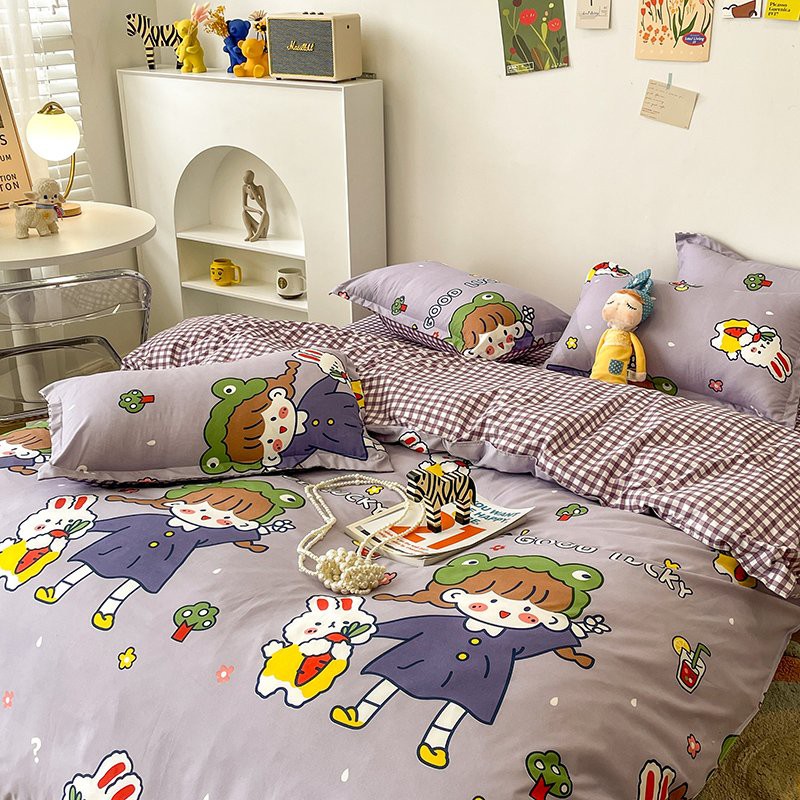 Bộ chăn ga gối Cotton poly Bo Decor Cô bé áo tím, vỏ chăn mền, drap nệm và 2 vỏ gối