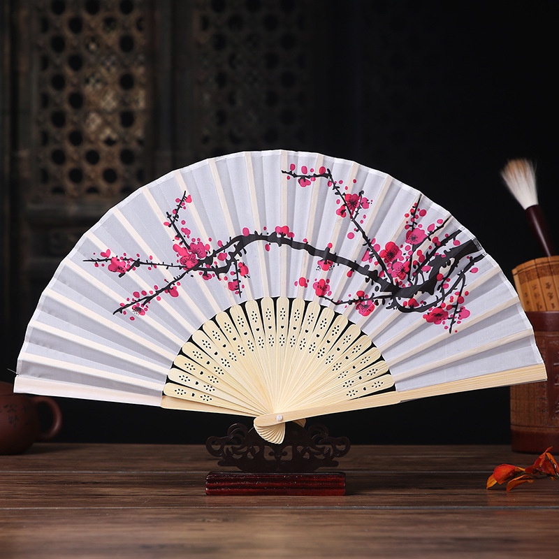 Quạt Xếp Cầm Tay Bằng Tre Và Lụa Họa Tiết Hoa Đào Phong Cách Vintage