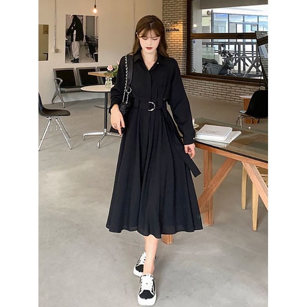 Váy sơ mì xòe đai eo thanh lịch