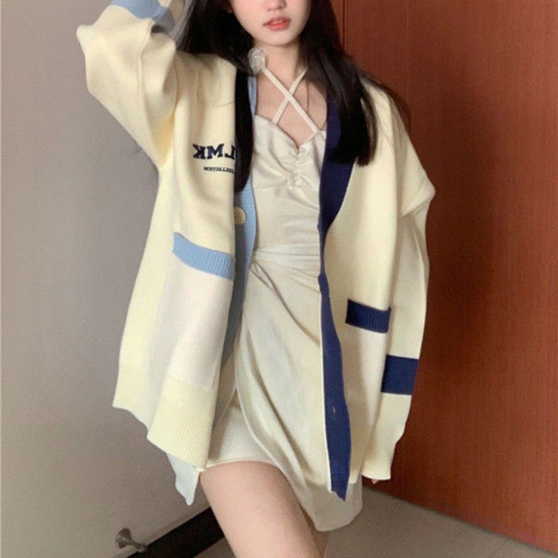 Áo Khoác cardigan Dệt Kim Tay Dài Dáng Rộng Màu Sắc Tương Phản Phong Cách Hàn Quốc Thời Trang Thu Đông Cho Nữ