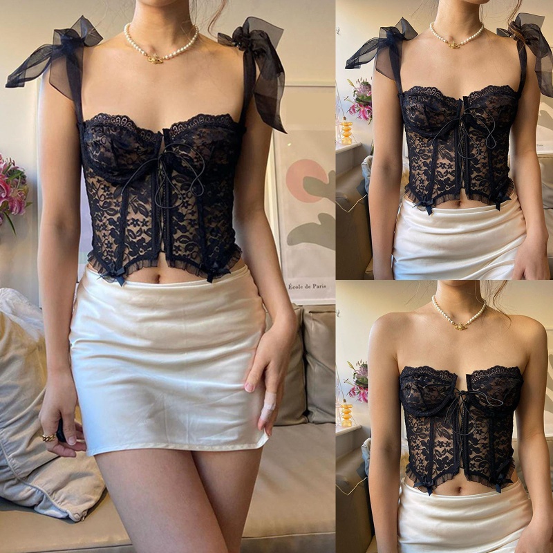 Áo Croptop Không Tay Phối Ren Xuyên Thấu Gợi Cảm Dành Cho Nữ