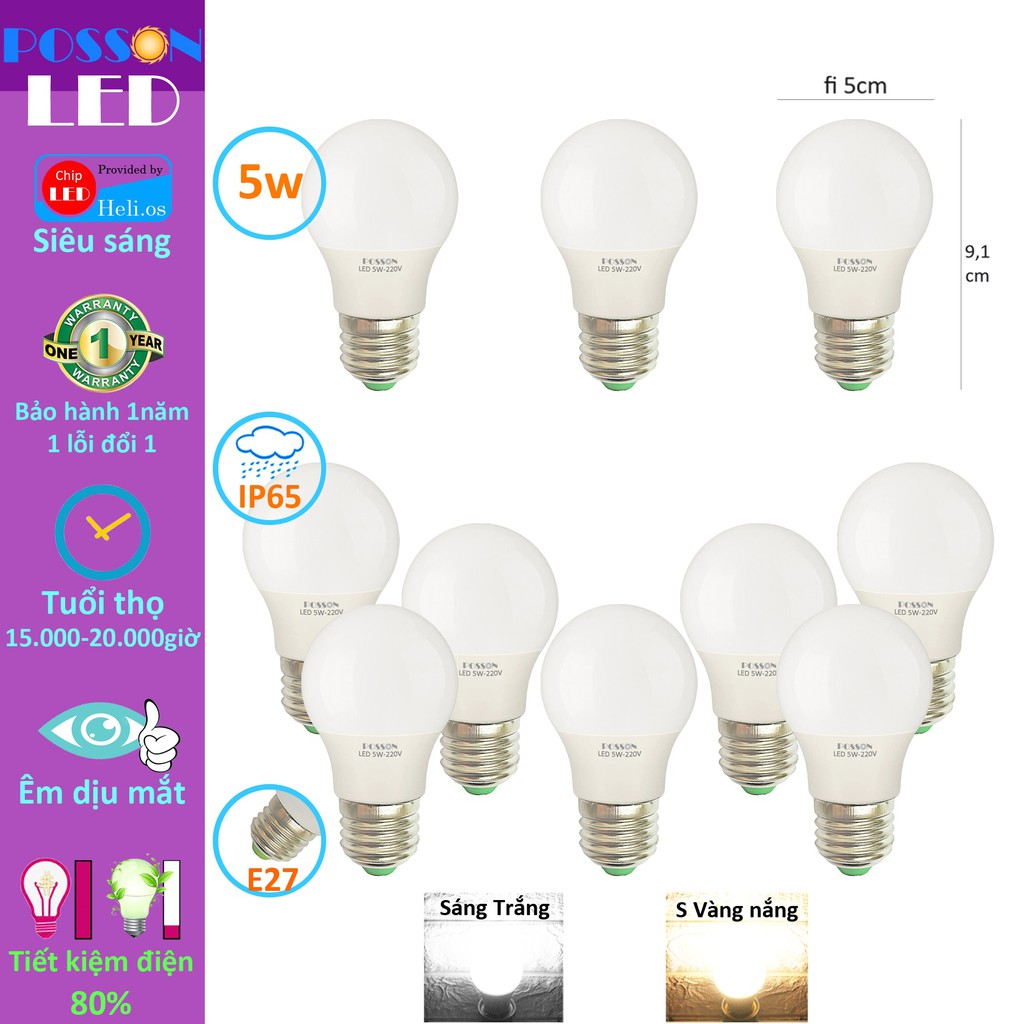 Sỉ 100 Bóng đèn Led 5w A50 bup tròn bulb kín chống nước tiết kiệm điện siêu sáng Posson LB-5x