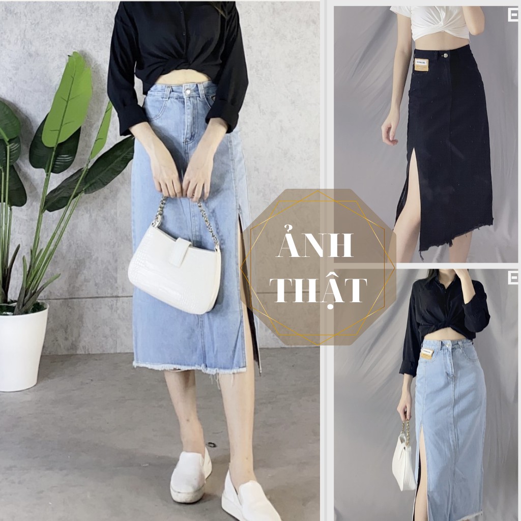 Chân váy jean xẻ chân EMIX (màu xanh), dáng dài, 1 lớp, cạp cao, dài 78cm, chất jean mềm mịn đứng dáng, xẻ chân cuốn hút