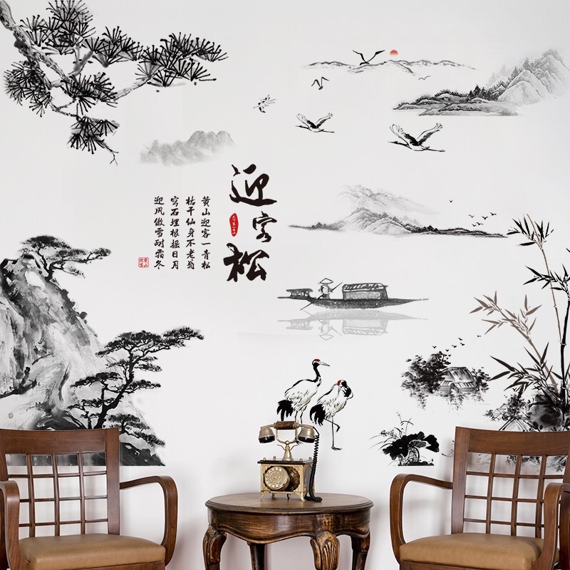 Decal dán tường sơn thuỷ cò bên bờ sông