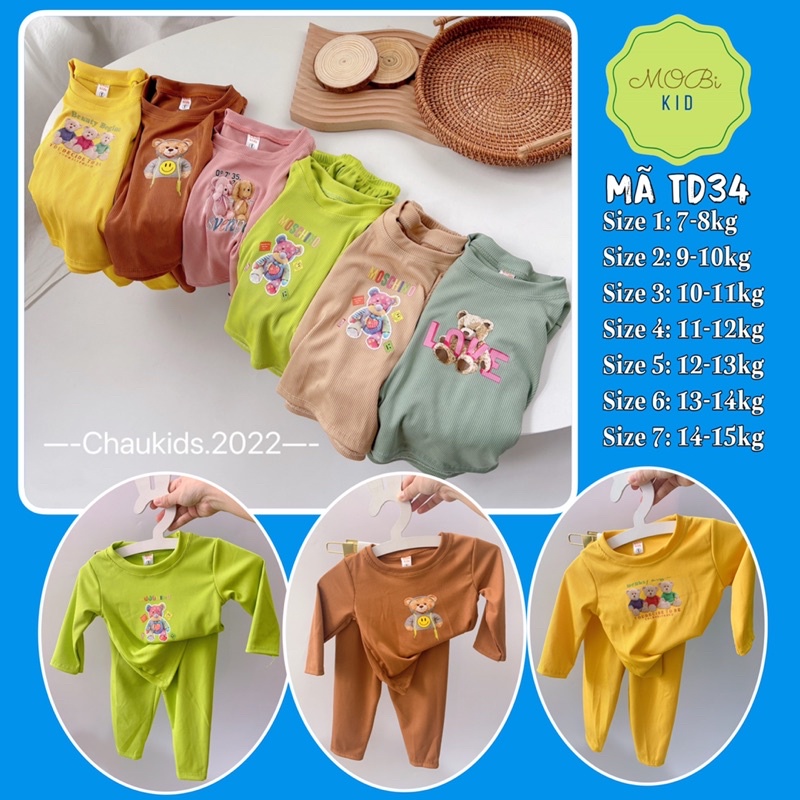TD34 Bộ Tay Dài Thun Tăm In Gấu Cho Bé Từ 7kg Đến 15kg