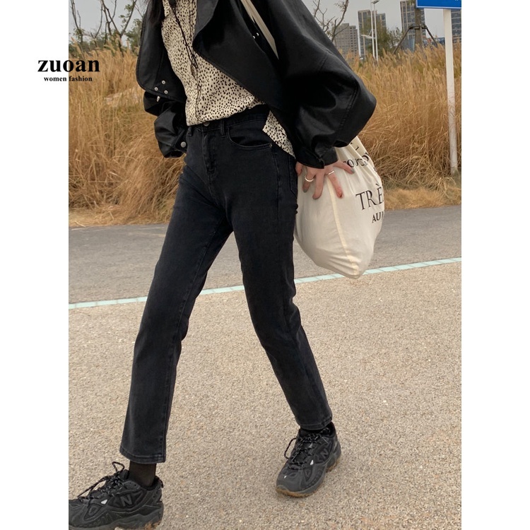 SUXI Quần jean dài lưng cao ống rộng màu đen phong cách Hàn Quốc trẻ trung hợp thời trang