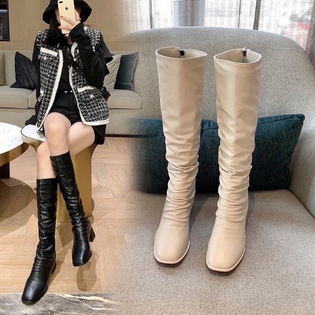 Freeship_Bốt đùi dưới gối da lì nhăn nhúm gót vuông mũi vuông tròn cao cấp 5 phân