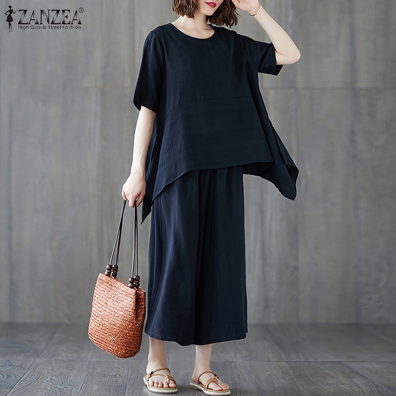 Set quần áo Zanzea gồm áo tay ngắn cổ tròn vạt lệch + quần ống rộng lung thun phong cách Hàn Quốc cho nữ