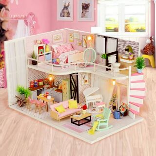 Mô hình nhà gỗ lắp ráp búp bê diy - m035 pink melody