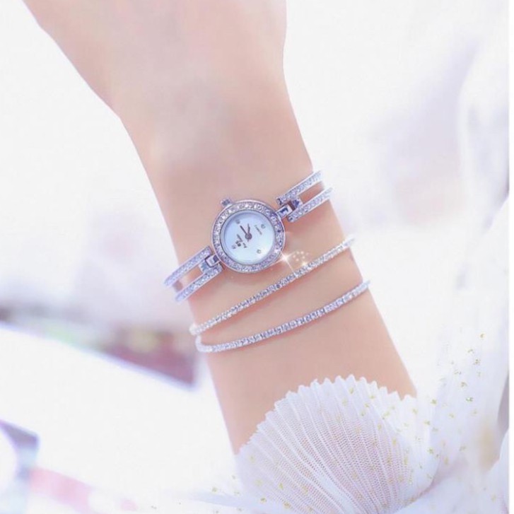Đồng hồ nữ BEE SISTER BS91 màu trắng mặt tròn đính đá sang chảnh