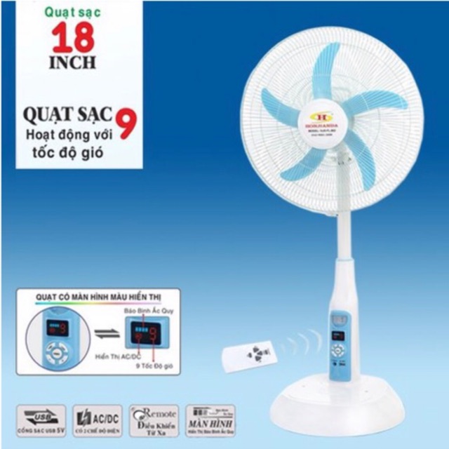 Quạt Sạc Tích Điện 18inch Honjianda Loại Cây Có Điều Khiển Đa Chức Năng