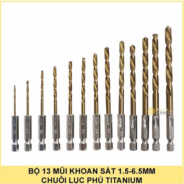 Bộ 13 Mũi Khoan Thép Gió HSS Titanium Chuôi Lục Giác Dễ Dàng Thay Đổi Kích Thước 1,5 - 6.5mm