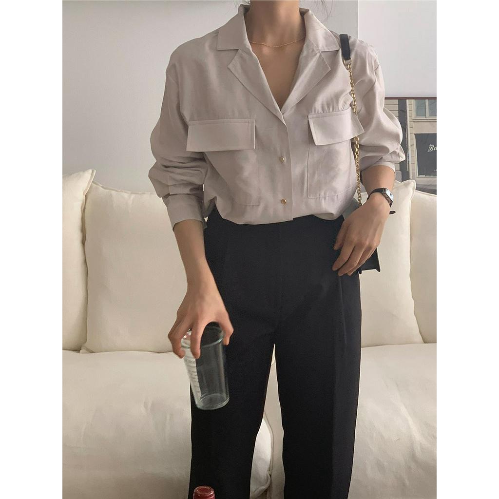 Áo Sơ Mi Dài Tay Cổ polo Phối Túi Đôi Kiểu Vintage Pháp Sành Điệu 55567