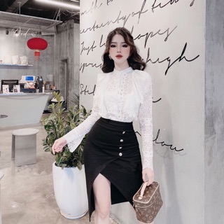 Set áo thô hoa đốt + chân váy xẻ tà