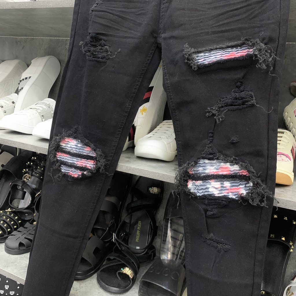 Quần jean bò nam slimfit rách xù đùi gối vá vải nhăn loang hồng xanh chất mềm mịn co giãn cao cấp QJ140P