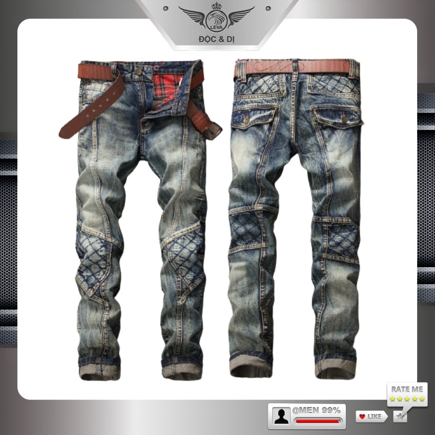 Quần jean nam ống suông cao cấp độc lạ LEVAMEN chất liệu cotton không co giãn Motorbike nhăn gối may phối chỉ QJ060