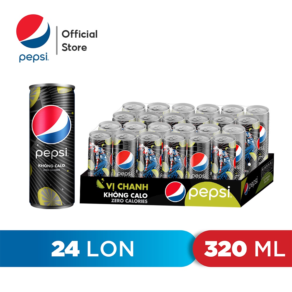 Thùng 24 Lon Nước Uống Có Gaz Pepsi Vị Chanh Không Calo (320ml/Lon)