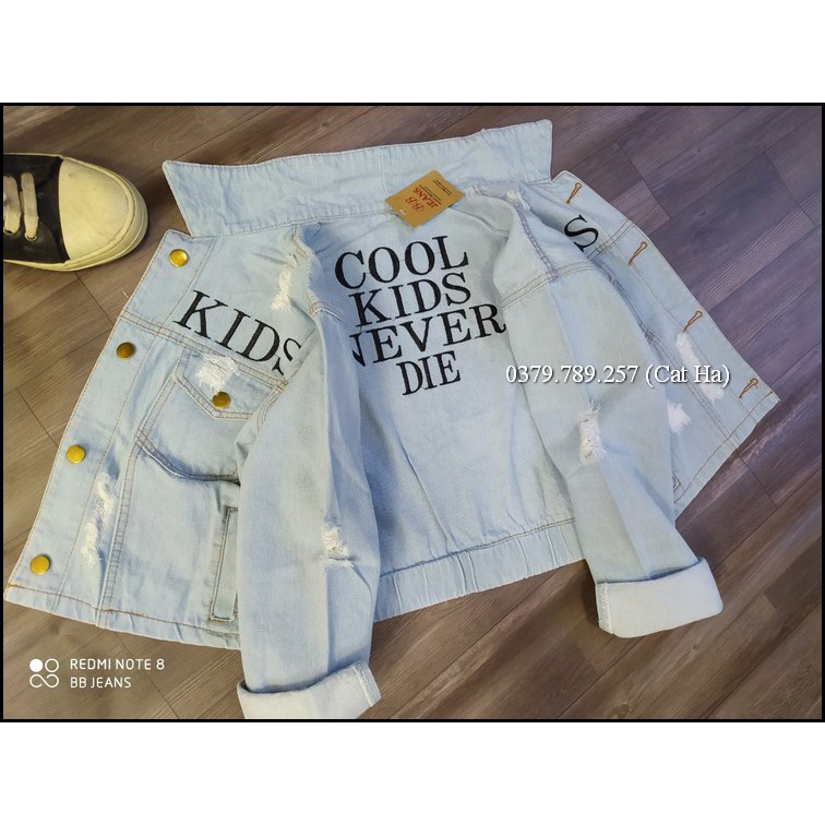 Aó khoác jean nữ xám xanh như hình form dưới 58Kg Cools kids BB18