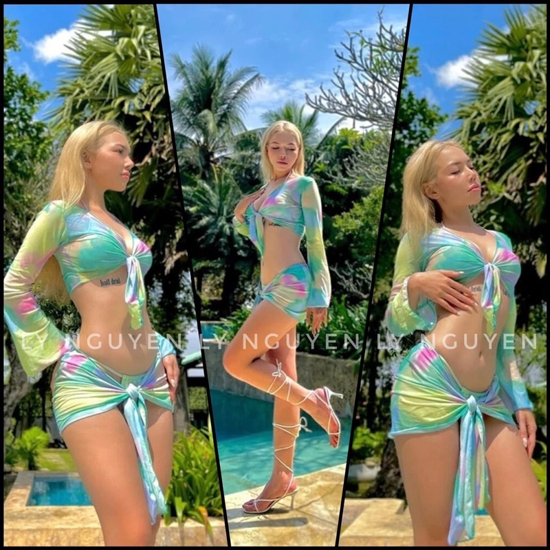 (M74 Lily.Shop) SET BIKINI 4 MẢNH ÁO + ÁO KHOÁC+ QUẦN + KHĂN QUẤN LOANG MÀU SEXY