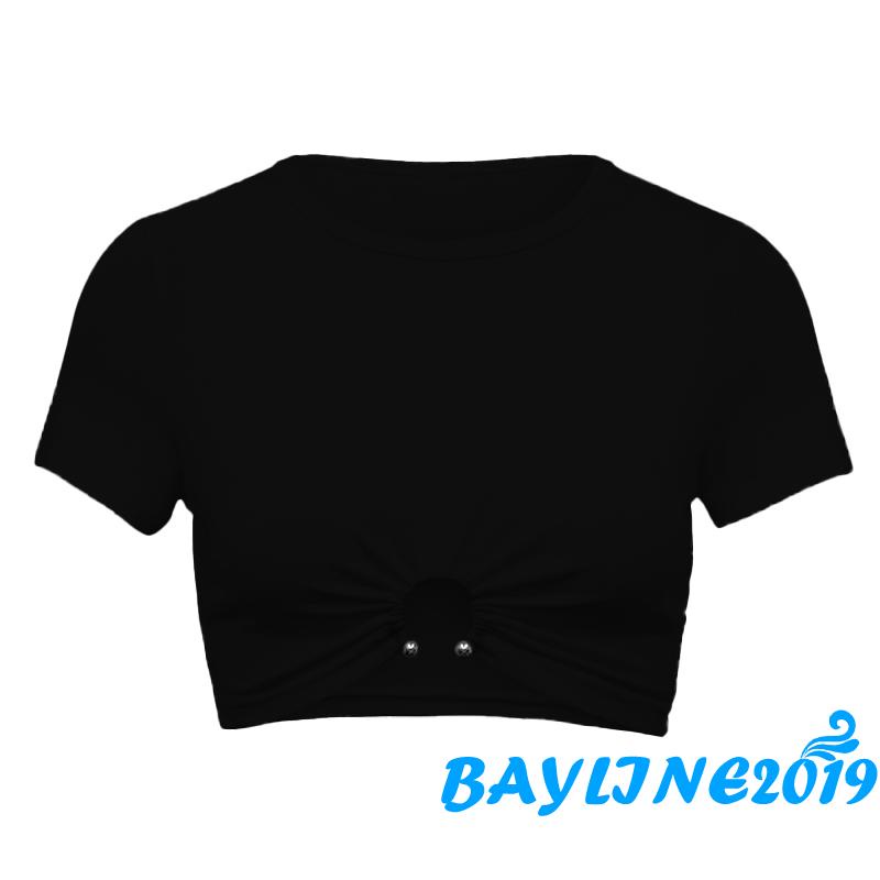 BAY-Ladies Summer Autumn Midriff-baring Tops, Women Solid Color Hollow Ring Decoration Round Collar Short Sleeve Slim