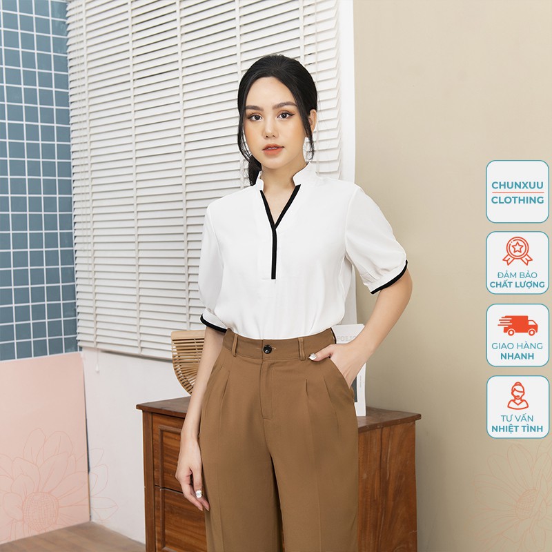 Áo sơ mi trắng nữ kiểu cổ V Chunxuu, thiết kế tay ngắn phối màu thanh lịch chất lụa cao cấp chống nhăn - SP18