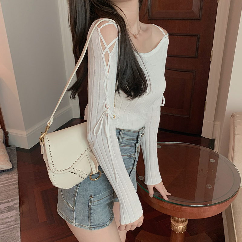 NEW Áo Thun Gân Tay Dài Thiết Kế Hở Vai Quyến Rũ Cho Nữ 2020