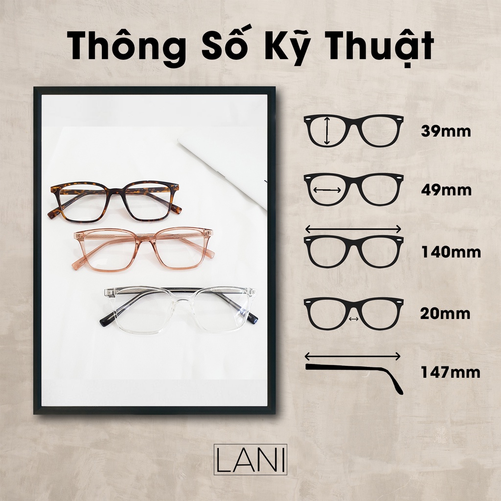 Gọng kính cận nam nữ dáng vuông lõi thép bền nhẹ LANI 7110 - Lắp mắt cận theo yêu cầu