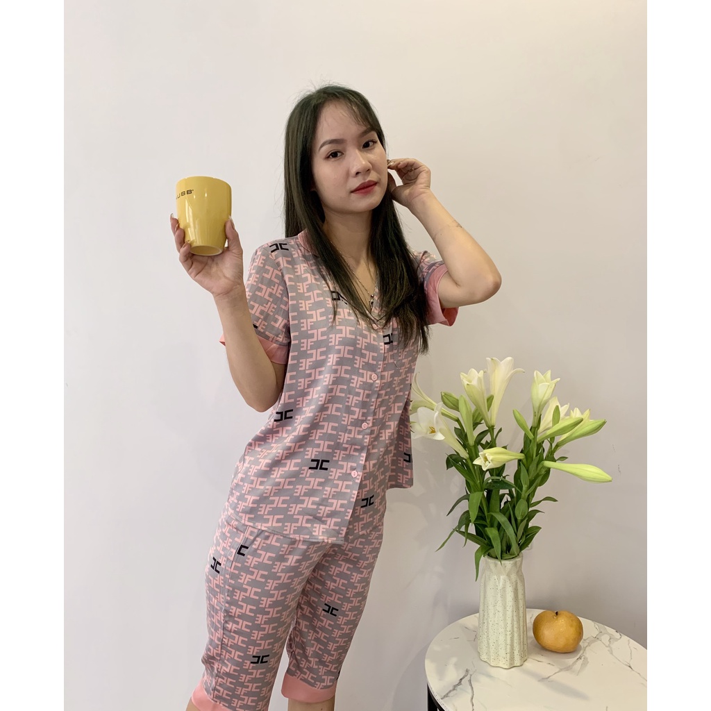 Đồ bộ nữ mặc nhà Pijama lụa Satin mềm mát mùa Hè thiết kế tay cộc quần lửng in họa tiết sang trọng - PJMSU01