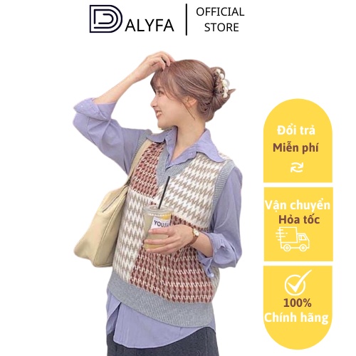 [ Hàng Cao Cấp ] Áo gile len nữ kẻ mix 2 màu phối áo sơ mi DALYFA thời trang thu đông mặc đi học đi chơi CD023