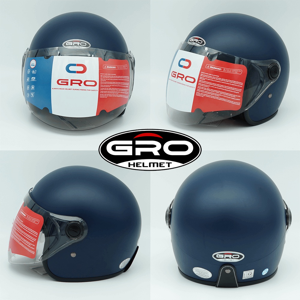 Mũ Bảo Hiểm 3/4 đầu GRO Helmet T818 có kính dài che cả mặt, kiểu dáng thời trang cho nữ, khóa kim loại - Xanh Than Nhám